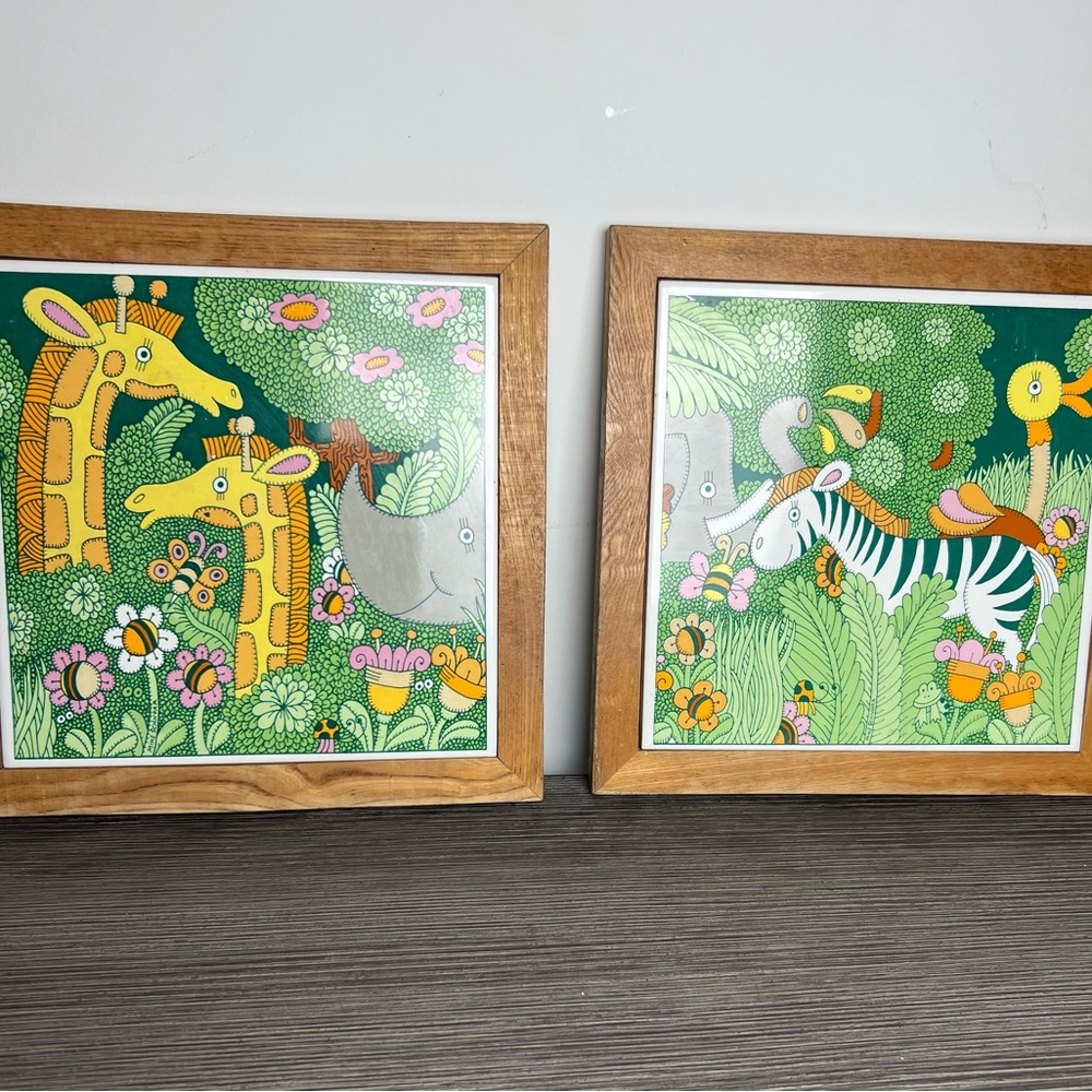 Pair of MCM Mike Schnorr Framed Jungle Tiles